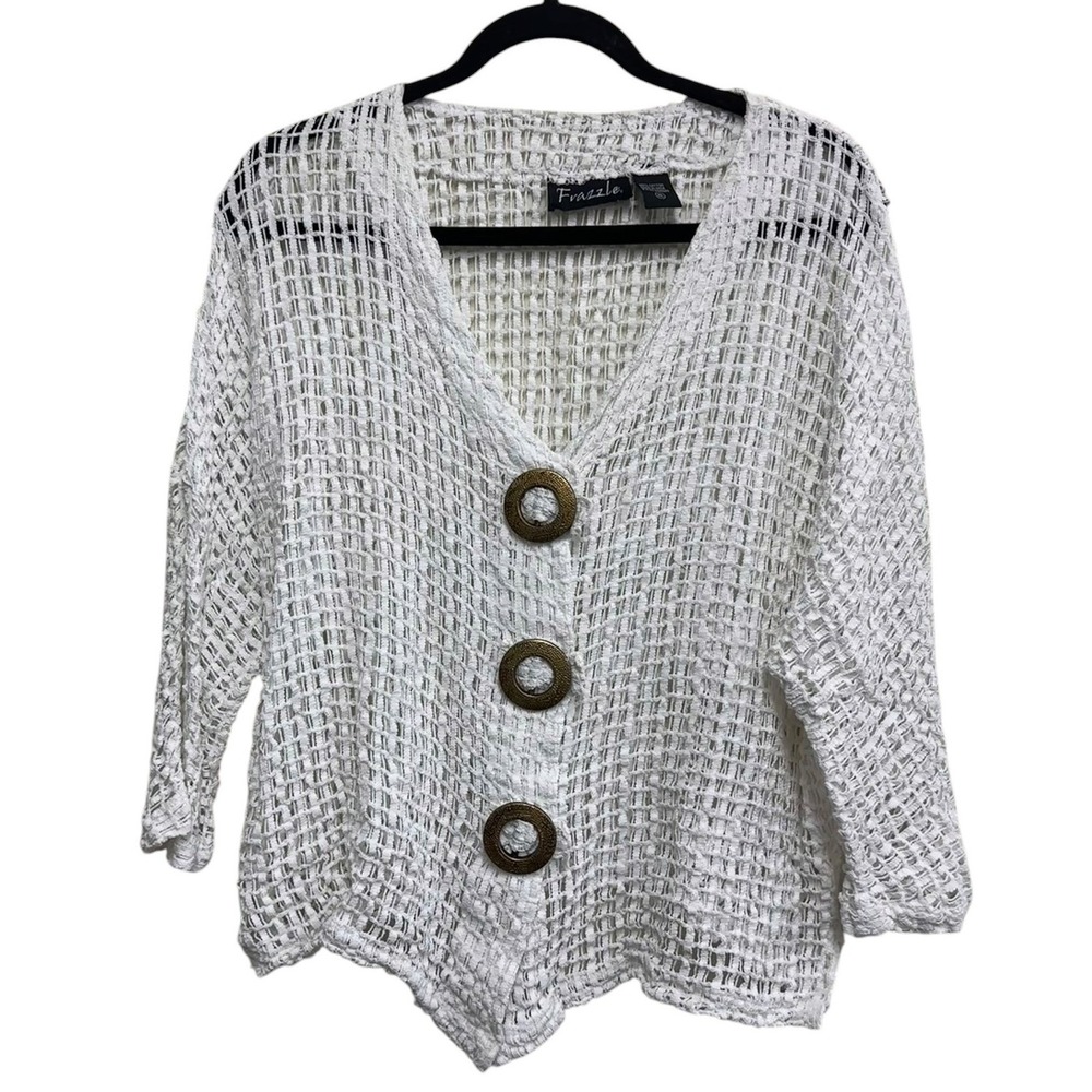 Frazzle Cardigan Womens XL White Open Weave Cotton Boho Big Button‎ Lagenlook